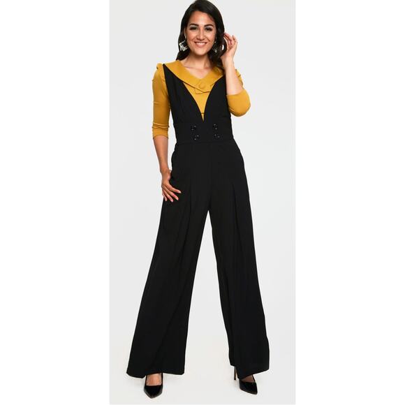 Voodoo Vixen Unique Vintage Black Blaine V Neck Wide Leg Jumpsuit S NWOT - Picture 1 of 12